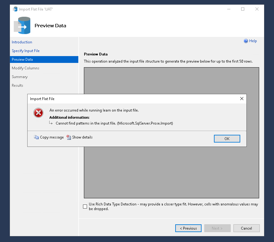 Image Placeholder: Screenshot of the error message in SQL Management Studio